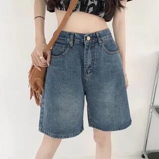 Mid Waist Washed Denim Shorts Blue by PINPI