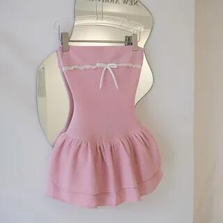 Sleeveless Lace Panel Plain Slim-Fit Mini Layered Dress Pink by Sosana