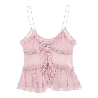 Plain Ruffle Trim Tie Front Crop Camisole Top Pink by Allinya