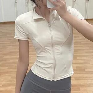 Short-Sleeve Plain Zipped Sports Top Light Coffee 259835167