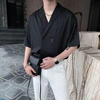Lapel Collar Plain Double-Breasted Shirt (Various Designs) C48 - Short-Sleeve - Black by GRAYCIOUS