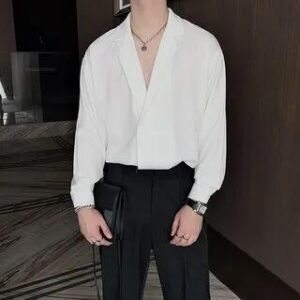 Lapel Collar Plain Double-Breasted Shirt (Various Designs) C30 - Long-Sleeve - White 259925689