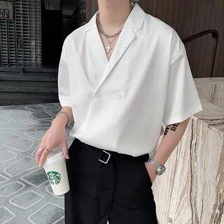 Lapel Collar Plain Double-Breasted Shirt (Various Designs) C48 - Short-Sleeve - White by GRAYCIOUS