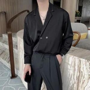 Lapel Collar Plain Double-Breasted Shirt (Various Designs) C30 - Long-Sleeve - Black 259925736