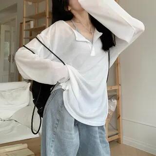 Long-Sleeve Plain Henley T-Shirt White by monroll