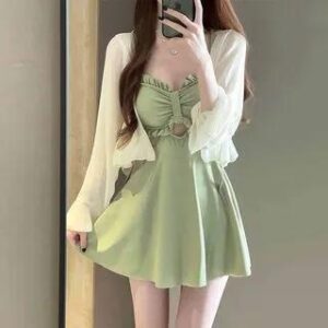 Set: Spaghetti Strap Plain Ruffle Cutout Swim Dress + Cover Up Light Green 260220232