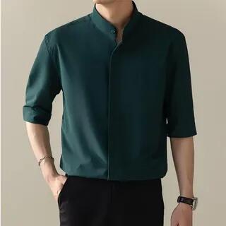 Short-Sleeve Stand Collar Plain Concealed Button Shirt Green by Banash