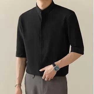 Short-Sleeve Stand Collar Plain Concealed Button Shirt Black by Banash
