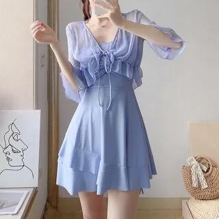 Set: Spaghetti Strap Plain Swim Dress + Cover Up Set Of 2 - Spaghetti Strap Swim Dress & Cover Up - Blue by Sabbia
