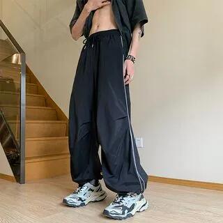 Drawstring-Waist Striped Wide-Leg Sweatpants Black by Posive
