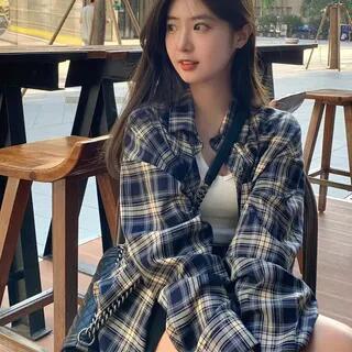 Long-Sleeve Plaid Shirt Plaid - Blue & Beige by Dute