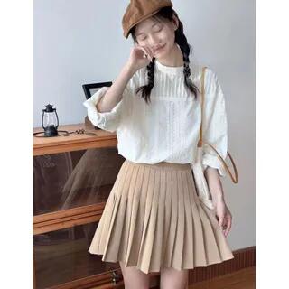 Long-Sleeve Crew Neck Plain Pintuck Panel Eyelet Lace Blouse Almond by MIKIGA