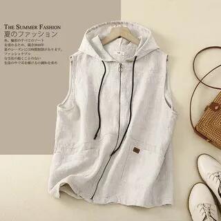 Hooded Plain Zip Vest Off-White by Lewwe