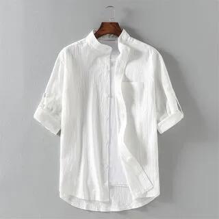 Elbow-Sleeve Stand Collar Linen Plain Shirt White by FORSETI