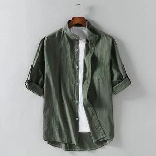 Elbow-Sleeve Stand Collar Linen Plain Shirt Army Green by FORSETI