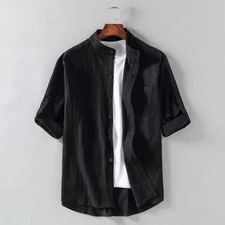 Elbow-Sleeve Stand Collar Linen Plain Shirt Black by FORSETI
