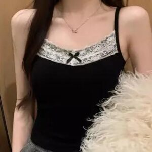 V-Neck Bow Accent Lace Trim Padded Crop Camisole Top Black 261240068