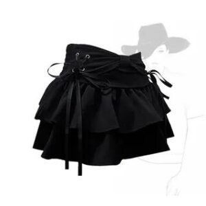 Low Rise Side Lace-Up Washed Mini Layered Denim Skirt Black 261287545