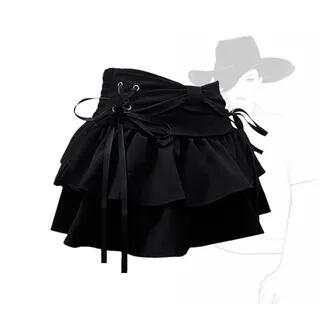 Low Rise Side Lace-Up Washed Mini Layered Denim Skirt Black by Rosesand