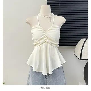 V-Neck Peplum Halter Top Almond by Lemongrass