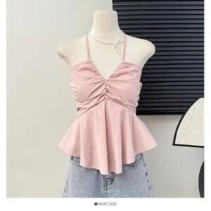 V-Neck Peplum Halter Top Pink 261287587