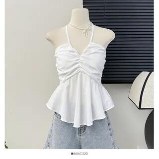 V-Neck Peplum Halter Top White by Lemongrass