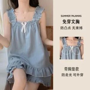 Pajama Set: Bow Ruffle Padded Camisole Top + Shorts 449_4989 - Blue 261360544