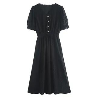 Puff-Sleeve Lace Midi A-Line Dress Black by JVL