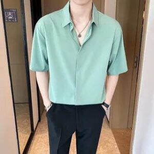 Concealed-Button Short-Sleeve Plain Shirt Green 261360572