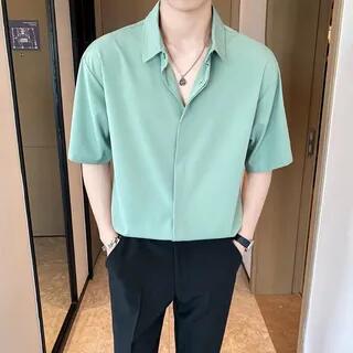 Concealed-Button Short-Sleeve Plain Shirt Green by Banash