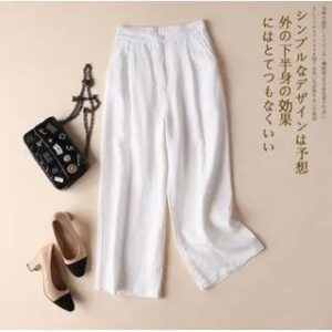Elastic Waist Plain Linen Crop Wide Leg Pants White 261360581