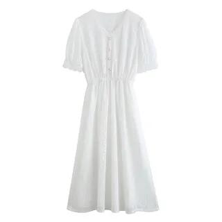Puff-Sleeve Lace Midi A-Line Dress White by JVL