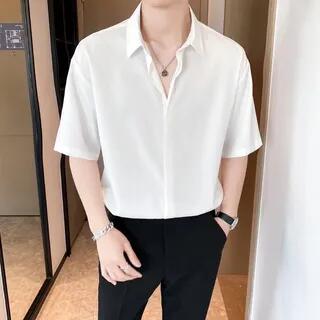 Concealed-Button Short-Sleeve Plain Shirt White by Banash