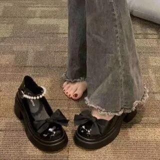 Platform Chunky Heel Bow Faux Pearl Strap Mary Jane Shoes Black by Bolitin