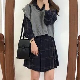Long-Sleeve Lapel Collar Plaid Tie Waist Button-Up Mini A-Line Shirt Dress / V-Neck Plain Crop Sweater Vest Shirt Dress - Plaid - Navy Blue by Coris
