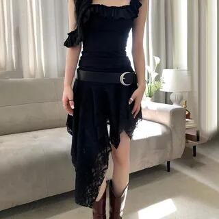 Square-Neck Ruffled-Trim Plain Slim-Fit Crop Tank Top / Low Waist Lace See-Through Asymmetric-Hem Mini Skirt Skirt - Black by Sosana