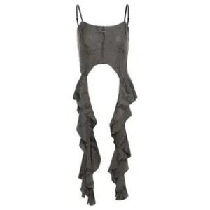 Scoop Neck Plain Asymmetrical Metal Accent Ruffle Distressed Open Back Crop Cami Top Gray 261675867