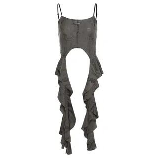 Scoop Neck Plain Asymmetrical Metal Accent Ruffle Distressed Open Back Crop Cami Top Gray by Bababy