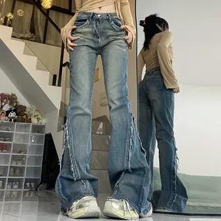 Mid Waist Fringed Washed Bootcut Jeans Blue by 2DAWGS