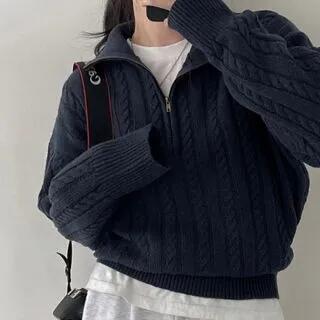 Half Zip Cable Knit Cropped Sweater Navy Blue by MIKIGA