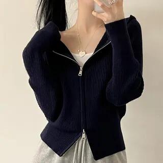 Plain Ribbed Zip-Up Knit Hoodie Black by Sienne