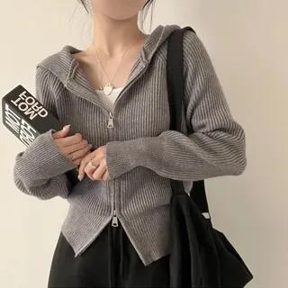 Plain Ribbed Zip-Up Knit Hoodie Gray by Sienne