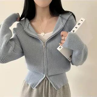 Plain Ribbed Zip-Up Knit Hoodie Blue by Sienne