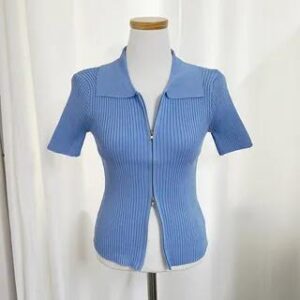 Short Sleeve Plain Ribbed-Knit Zip-Up Crop Top Blue 262079341