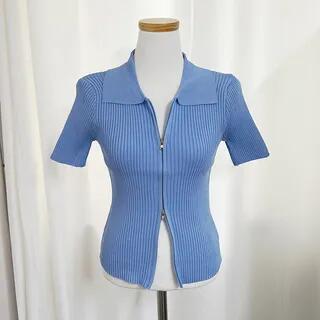 Short Sleeve Plain Ribbed-Knit Zip-Up Crop Top Blue by Rosesand