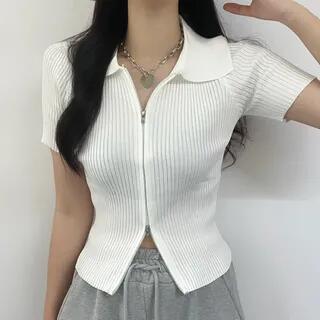 Short Sleeve Plain Ribbed-Knit Zip-Up Crop Top White by Rosesand