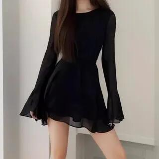 Bell Sleeve Plain Open-Back Mesh Mini A-Line Dress Black by Rosesand