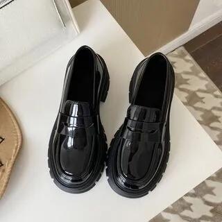 Platform Chunky Heel Loafers Patent - Black by Bolitin