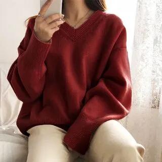 V-Neck Plain Sweater Red by FR
