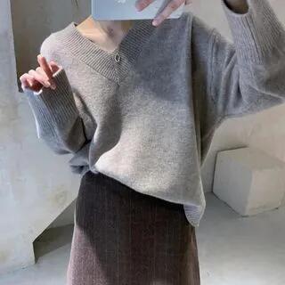 V-Neck Plain Sweater Gray by FR